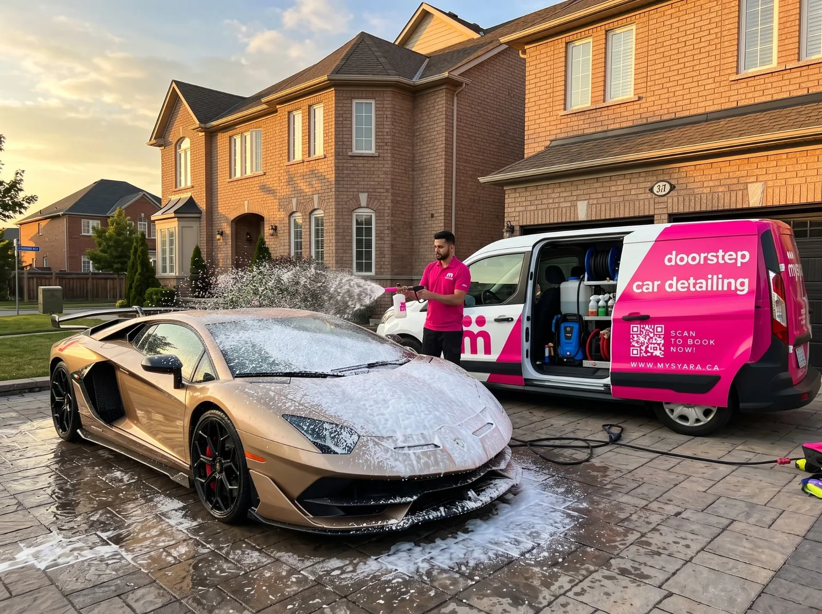 A MySyara Pro foaming a Lamborghini in a driveway beside the pink MySyara detailing van